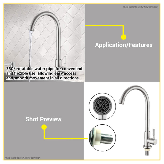 BUILDMATE Wadfow Kitchen Cold Water Faucet 360° Rotated 304 Stainless Steel Single Handle Cold Only Kitchen Tap WZD4503 - WHT