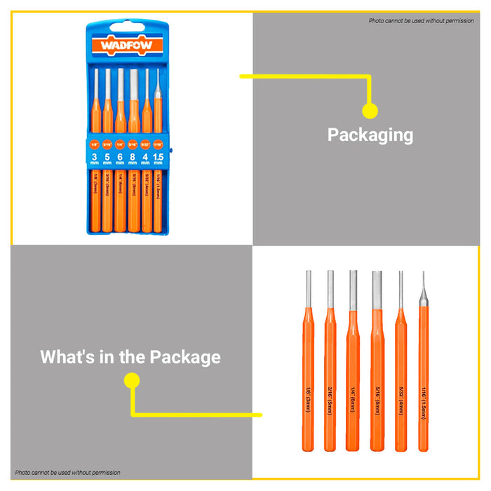 BUILDMATE Wadfow 6PCS 6" Inch Pin Punch Set Hole Punching Pen Woodworking Tools Steel WCC8306 • WHT