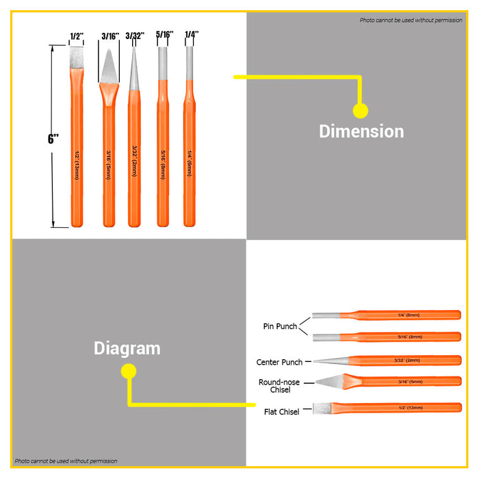 BUILDMATE Wadfow 5PCS 10mm Cold Chisel and Punch Set Hole Punching Pen for Metalworker WCC8395 • WHT