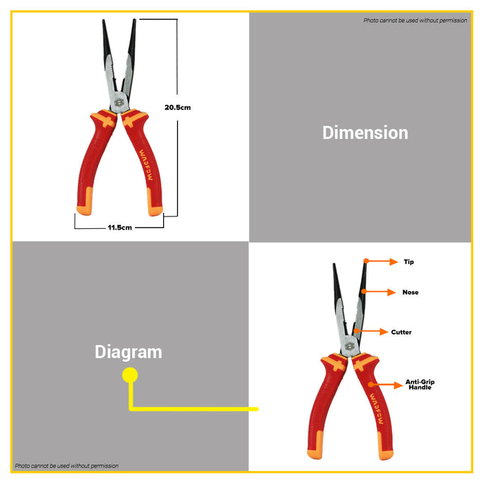 BUILDMATE Wadfow Insulated Long Nose Pliers 6" | 8" Inch  Flat Wire Cutter Hand Tool for Bending WHT