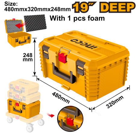 Buildmate x INGCO 19" Stackable Tool Box Durable PP Plastic, Max Load 25kg PBXS103 IHT