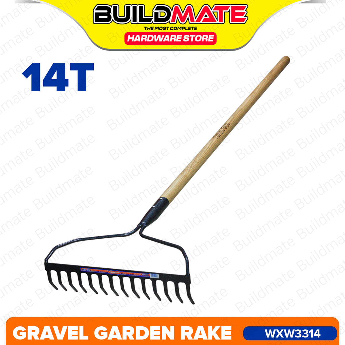 BUILDMATE Wadfow 1380mm Carbon Steel Garden Rake 14 Teeth Wooden Handl ...