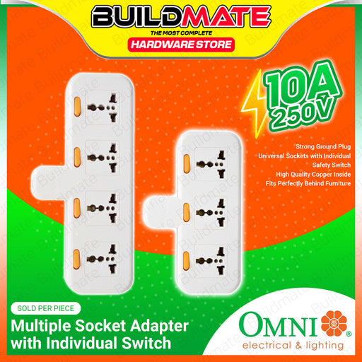 BUILDMATE Omni Multiple Socket Adapter with Individual Switch & Power Indicator 3-Gang / 4-Gang Power Strip Wall Universal Adapter