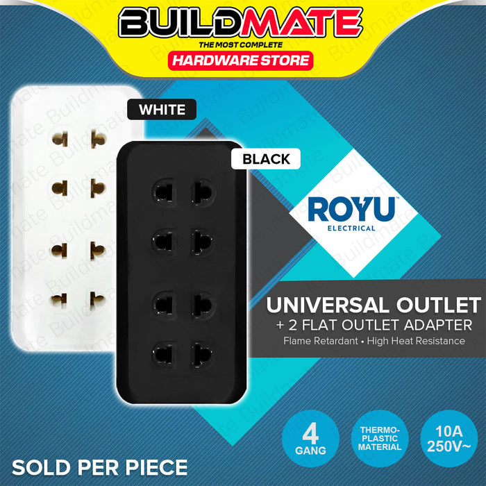BUILDMATE Royu 4 Gang Universal Outlet + 2 Flat Pin Outlet Adapter 10A 250V Black / White Flame Retardant Power Strip Socket Adapter