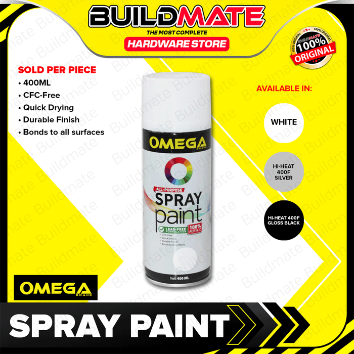 BUILDMATE Omega All-Purpose Spray Paint 400ml Lead Free Formulation Quick Drying Acrylic Spray Finish for Automotive Industrial & DIY Painting SOLD PER PIECE