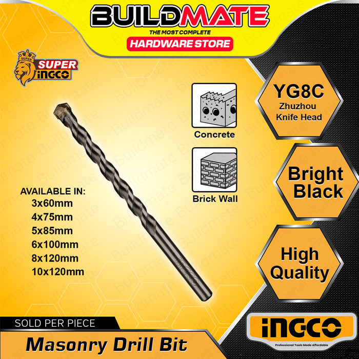 BUILDMATE Ingco Masonry Drill Bit Ø3mm - Ø10mm Masonry Twist Hole Drilling Bits for Stone, Concrete and Brick Wall - IHT