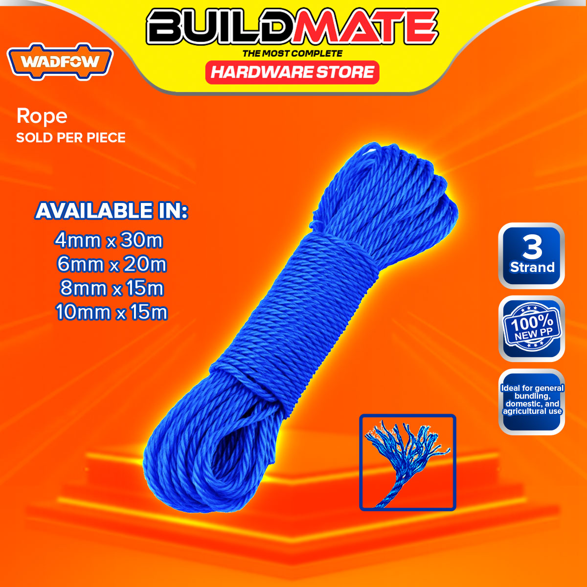 BUILDMATE Wadfow PP Monofilament Twist Rope 15-30M Heavy Duty 3-Stand ...