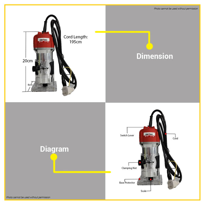 ZEKOKI Palm Trimmer 500W / 530W Electric Mini Router Trimming for Wood Laminate Powertool ZKK-0635ET / ZKK-3709ET •BUILDMATE•
