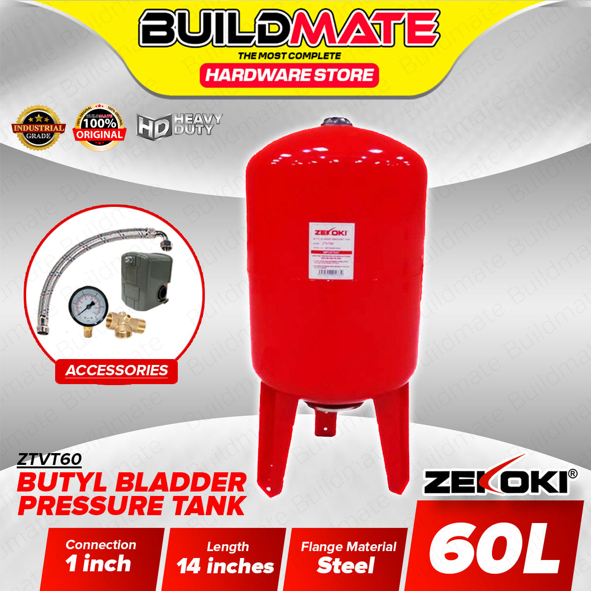 BUILDMATE Zekoki Butyl Bladder Pressure Tank 60L Steel Flange with 5-W ...