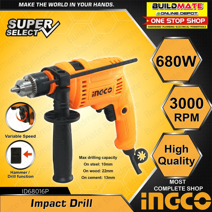 INGCO Impact Drill Hammer Variable Speed Reverse 680W SUPER SELECT ID6808P •BUILDMATE• IPT