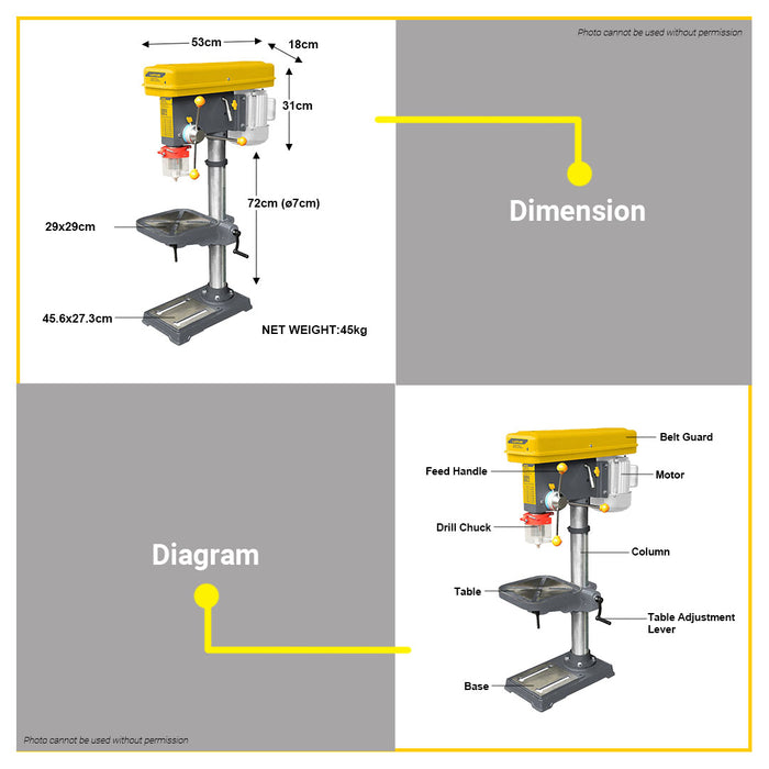 BUILDMATE Lotus 3/4HP 550W Drill Press 16mm Stand Table Drilling Machine Cast Iron Base LTDP550 / LTDP550VR - LPT