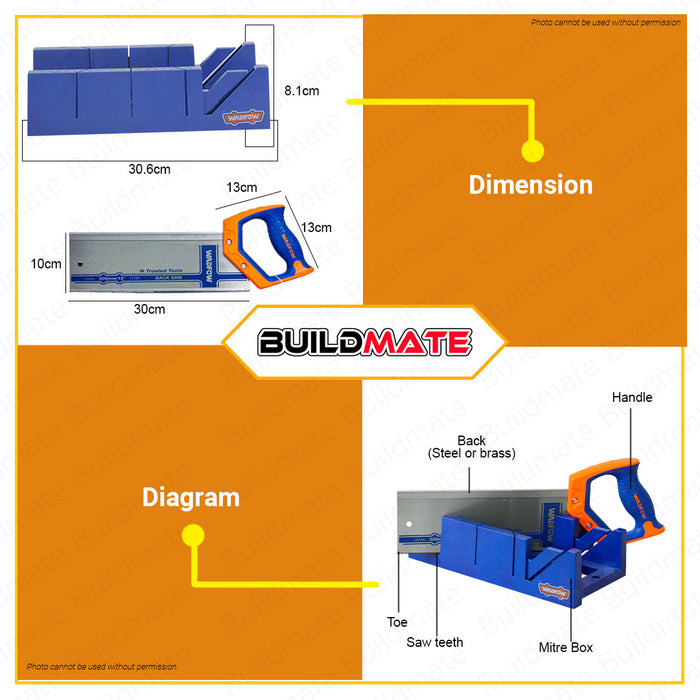 BUILDMATE Wadfow Mitre Box and Back Saw Set 12" Inch 11TPI Wood Cutting Clamping Mitre Box Cutting Guide & Back Saw Hand Saw Set Lagari Set Woodworking Hand Tools WHW2112 • WHT