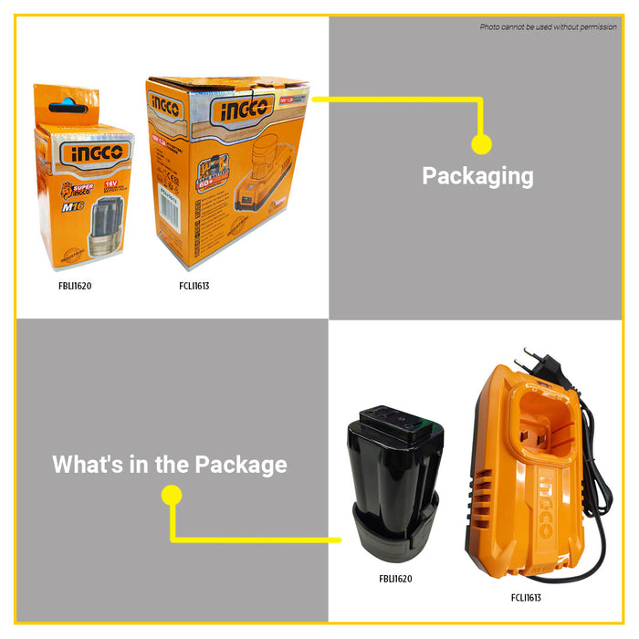 BUILDMATE Ingco 16V Rechargeable Lithium-Ion Battery Pack / 1.3A M16 Battery Charger Cordless Power Tool Accessories SOLD PER PIECE FBLI1620 (Battery)  / FCLI1613 (Charger) - ICPT