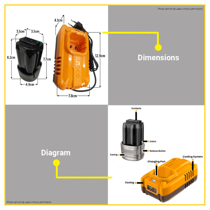 BUILDMATE Ingco 16V Rechargeable Lithium-Ion Battery Pack / 1.3A M16 Battery Charger Cordless Power Tool Accessories SOLD PER PIECE FBLI1620 (Battery)  / FCLI1613 (Charger) - ICPT