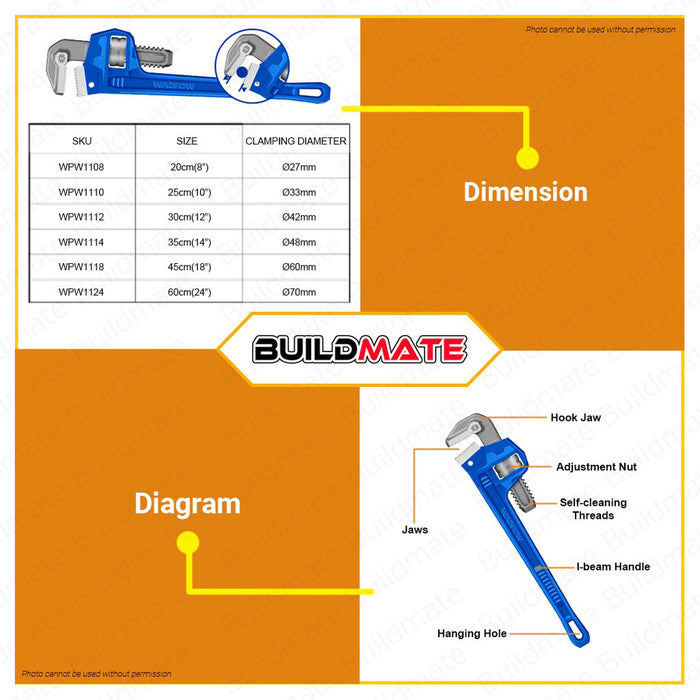 WADFOW 8" | 10" | 12" | 14" | 18" | 24" Inch Pipe Wrench Adjustable Straight Pipe Wrench Hand Tool For Plumbing Wrench WPW1108 | WPW1110 | WPW1112 | WPW1114 | WPW1118 | WPW1124 •BUILDMATE• WHT