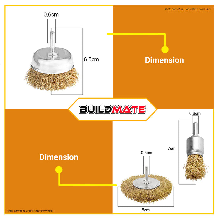 BUILDMATE Wadfow Wire Cup Brush Set 3PCS | 5PCS [SOLD PER SET] Wire Cup Set Shank Crimped Brush Set Finishing Tools Cup Wire Wheels Brush Set Drill Bit Iron Wire Metal Polishing WCE6401 | WCE6402 • WHT