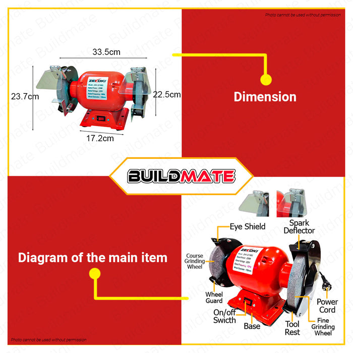 BUILDMATE Zekoki Heavy Duty Bench Grinder 6" Inch 250W 1/3HP | 8" Inch 550W 3/4HP with Grinding Wheel Electric Bench Grinder Polishing Grinder Engraving Tool Table Grinder ZKK-3215BG | ZKK-3220BG •