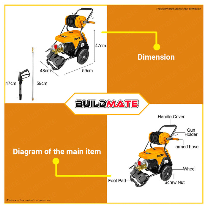 INGCO Industrial High Pressure Washer 130Bar 3000W Copper Wire Motor Pump Heavy Duty Washer Cleaner Electric Pressure Washer HPWR30008P • BUILDMATE• IPT