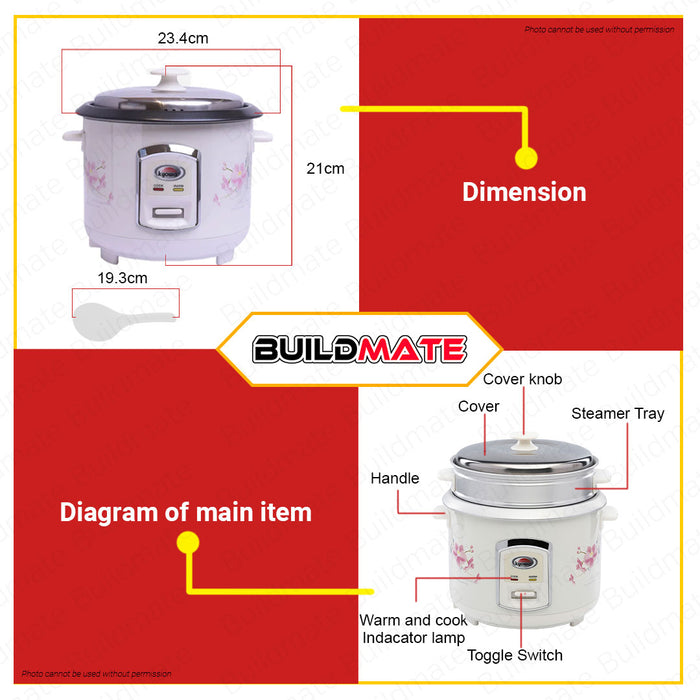 BUILDMATE Kyowa Electric Rice Cooker with Steamer 1.2L 450W Multi-Function Electric Hot Pot Cooker Non-Stick Liner KW-2012 •