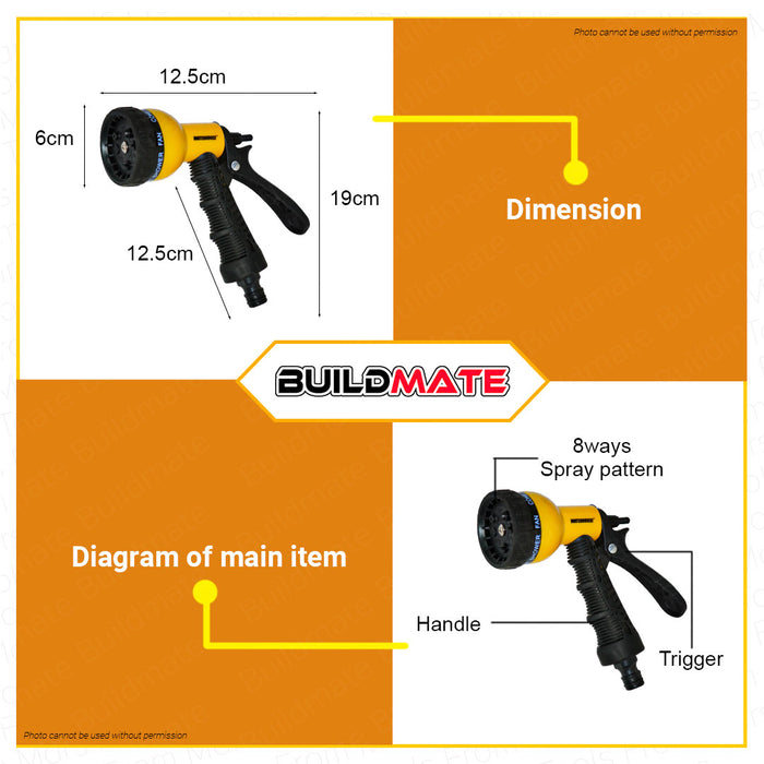 BUILDMATE Waterhouse 8 Pattern Garden Plastic Water Sprayer Gun Nozzle Plastic Trigger Spray Gun Nozzle Adjustable High Pressure Hand Sprayer with Flow Control Best for Watering Plants & Lawns, Washing Cars WH-EXTREMEGUN-8WAY •