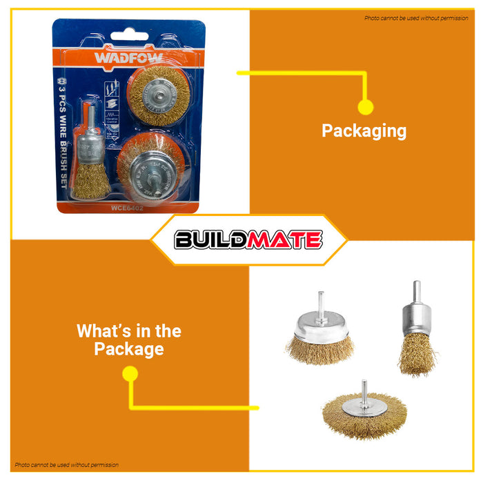 BUILDMATE Wadfow Wire Cup Brush Set 3PCS | 5PCS [SOLD PER SET] Wire Cup Set Shank Crimped Brush Set Finishing Tools Cup Wire Wheels Brush Set Drill Bit Iron Wire Metal Polishing WCE6401 | WCE6402 • WHT