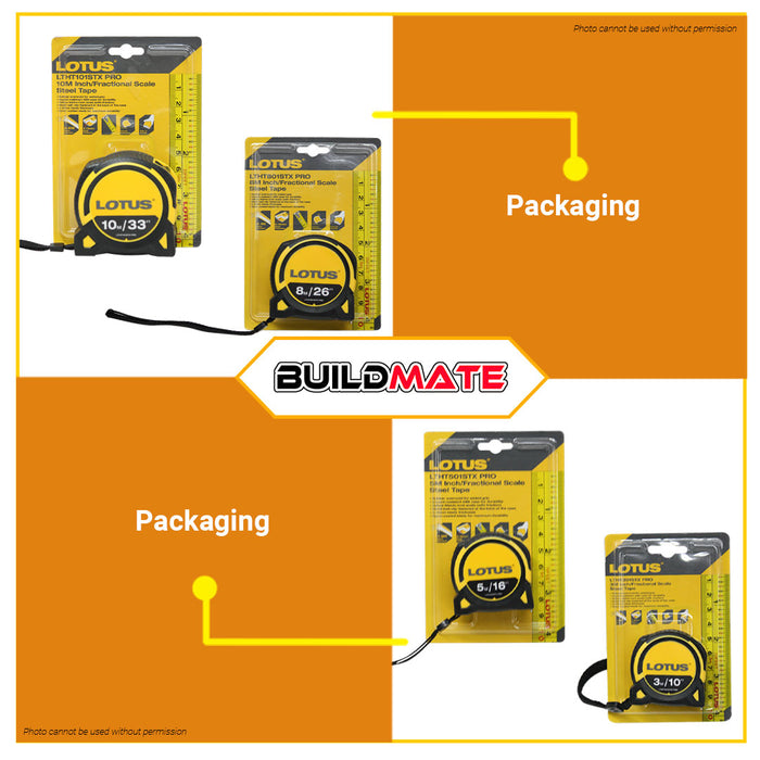 BUILDMATE Lotus Steel Tape with Grip 3M | 5M | 8M | 10M PRO [SOLD PER PIECE] Measuring Tape Measure Fraction Scale Metric, Inch, Fraction Continuous Marking Blade Easy To Read Both Side Triple Ruler, Retractable Portable Measure Tape Tool • LHT