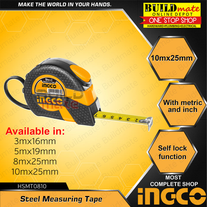 INGCO Steel Tape Measure Metric and Inch Self Lock Function with Rubber Cover BLACK •BUILDMATE• IHT
