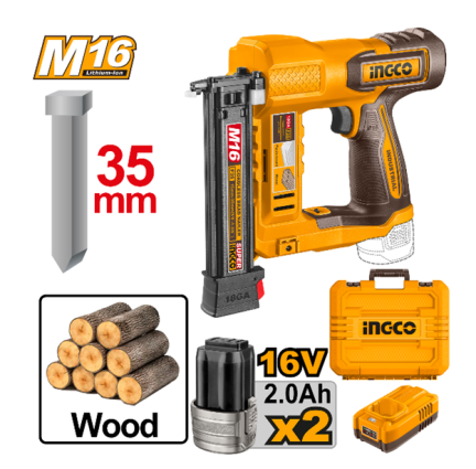 INGCO 16V Cordless Brad Nailer w/ 2pcs Battery & Charger for Woodworking & Trim Work CBNLI2038 ICPT - BUILDMATE