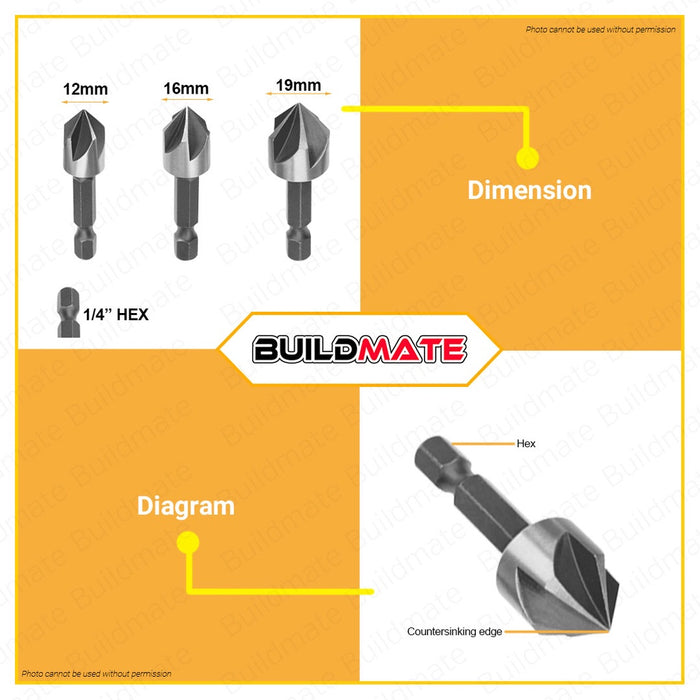 BUILDMATE Ingco 1/4" HSS Countersink Bit Set 90 Degree Center Punch Tool Sinker Drill for Metal IHT