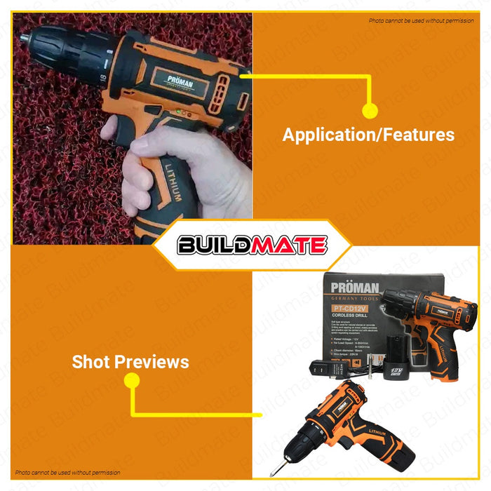 [SUPER SALE] PROMAN Cordless Drill 12V Drilling Screwdriver PT-CD12V1B +FREE ECO BAG •BUILDMATE•