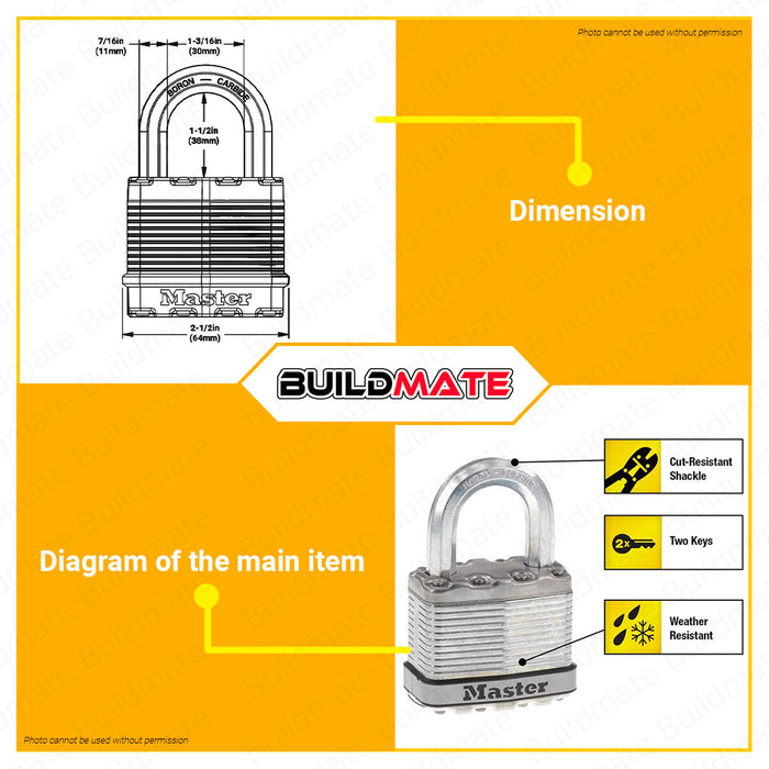 BUILDMATE Master Lock Magnum Series Padlock 51MM Keyed Short Shackle Laminated Padlock Keyed Padlock Wide Lock Body Security Lock Anti-Theft Lock M5XD | M5BLCD •