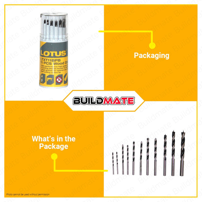 LOTUS 11PCS Brad Point Bit Set 3MM To 10MM Wood Drill Bit Impact Drill Bit Set for Wood Drilling, Hardwood & Softwood Drilling Hand Tool Stainless Steel Aluminum LTXT11BPB •BUILDMATE• LHT