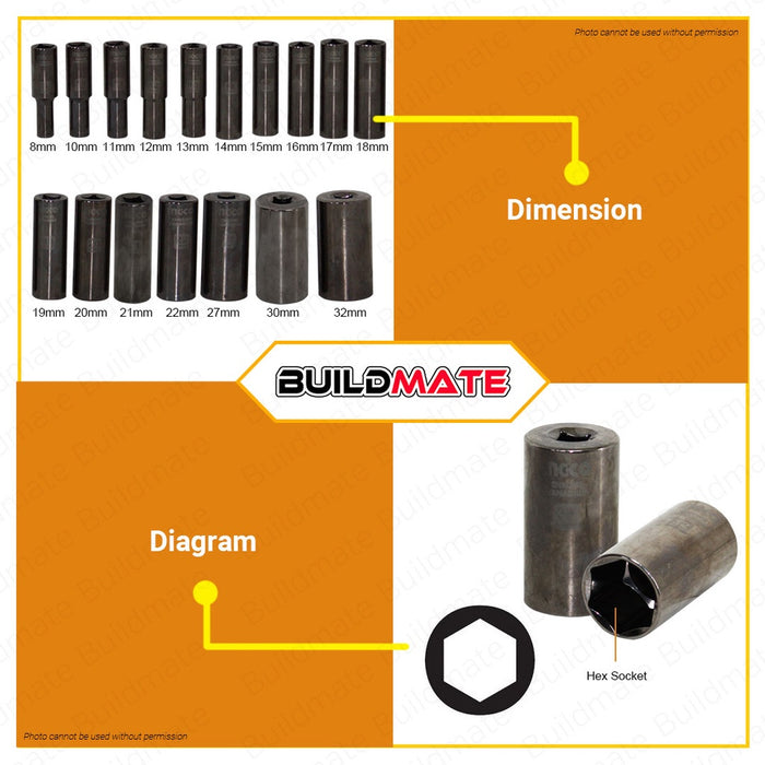 BUILDMATE Ingco 1/2" Inch Deep Hexagonal Sockets 8mm-32mm Cr-V Hexagon Deep Hex Drive Socket Wrench SOLD PER PIECE - IHT