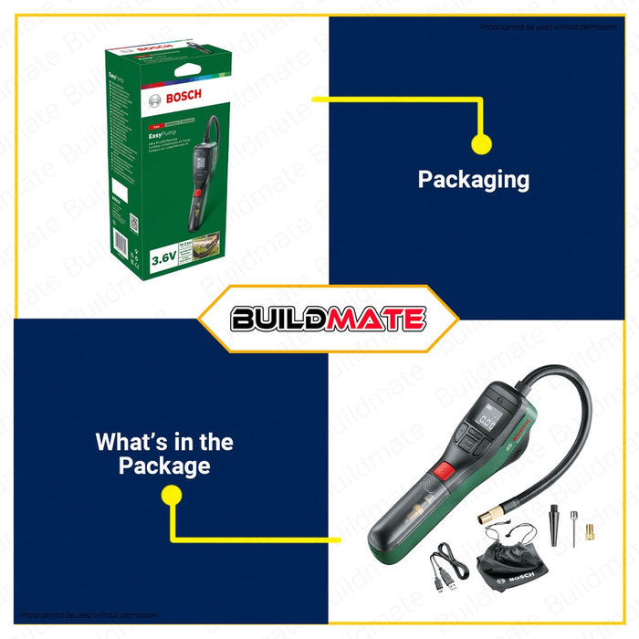 BOSCH Cordless Compressed Air Pump 3.6V 3.0Ah 150PSI Tire Air Pump with Bag & USB Cable Home and Garden Electric Bike Pump Mini Compressor EasyPump 0603947080 •BUILDMATE• AQT