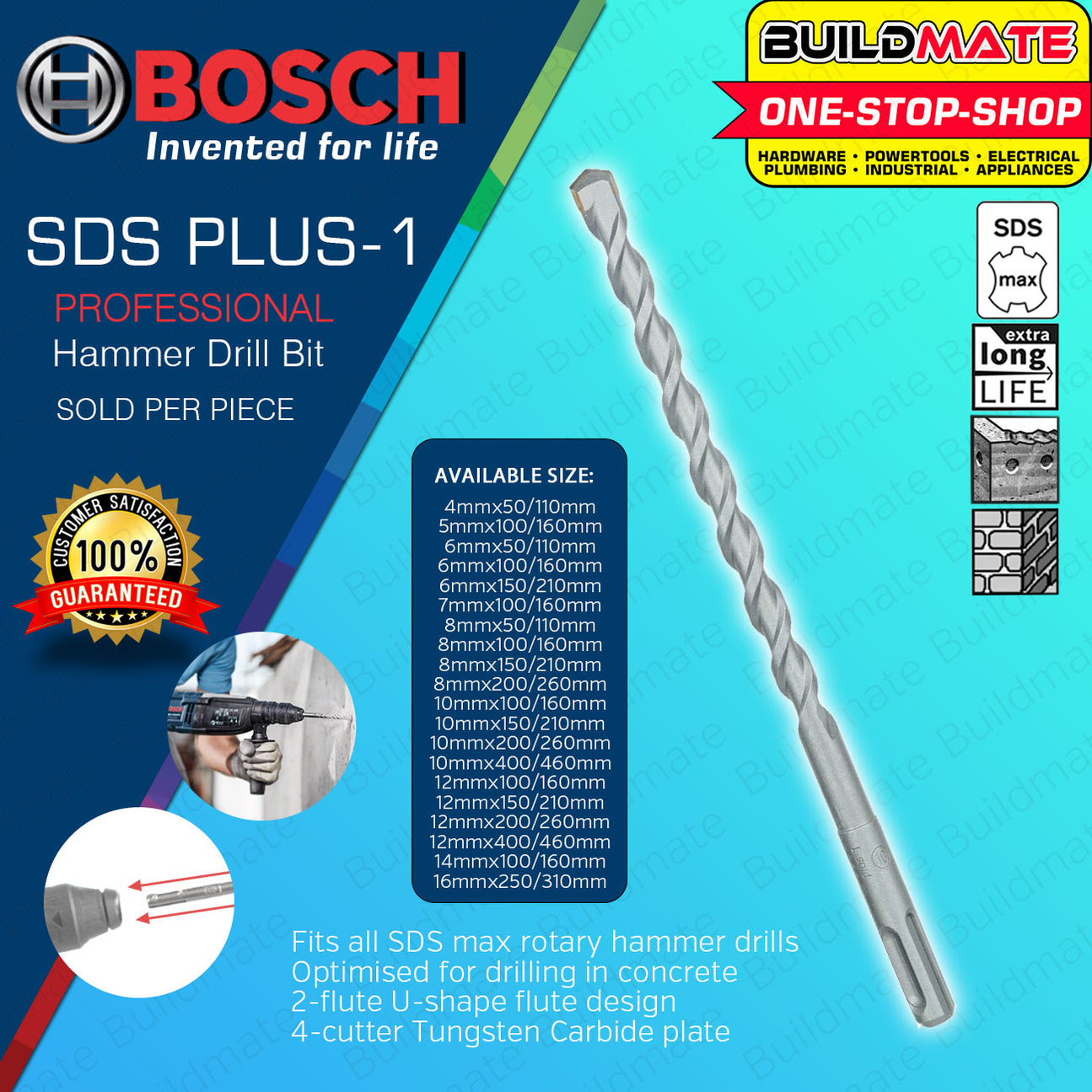 BOSCH Hammer Drill Bit SDS Plus-1 10MM - 12MM for Concrete & Masonry W ...