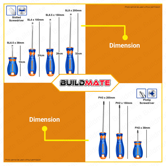 WADFOW Slotted & Phillips Screwdrivers 38mm | 100mm | 150mm | 200mm [SOLD PER PIECE] •BUILDMATE• WHT