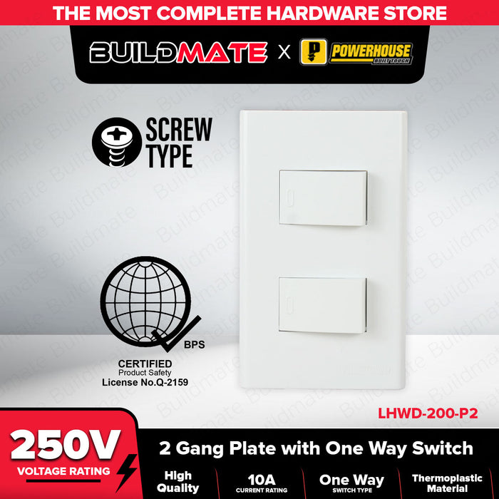 LIGHTHOUSE Electric 2 Gang Plate w/ One Way Switch 120mm x 70mm 250V-10A LHWD-200-P2 •BUILDMATE
