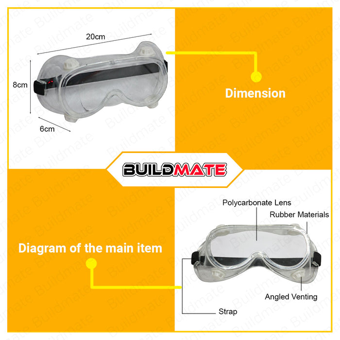 POWERHOUSE Safety Goggles Elastic Headband Lightweight Eye Protection Googles •BUILDMATE• PHHT