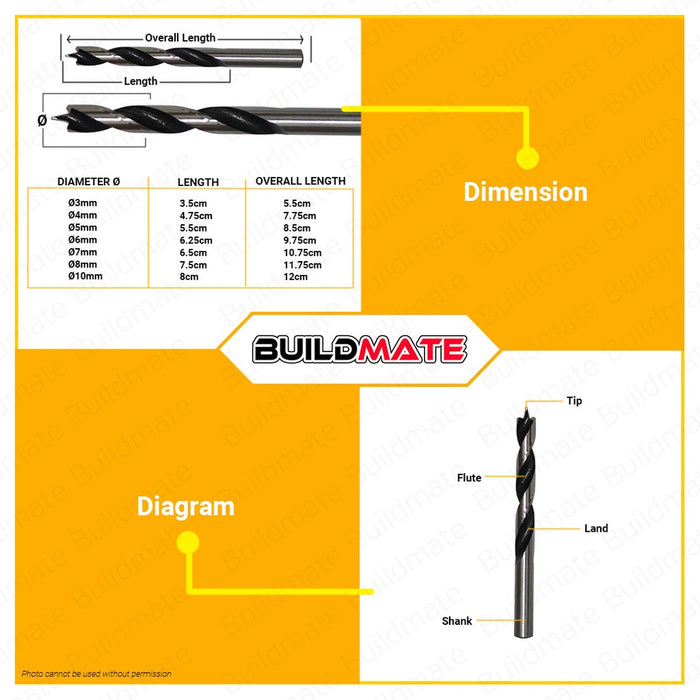 LOTUS 11PCS Brad Point Bit Set 3MM To 10MM Wood Drill Bit Impact Drill Bit Set for Wood Drilling, Hardwood & Softwood Drilling Hand Tool Stainless Steel Aluminum LTXT11BPB •BUILDMATE• LHT