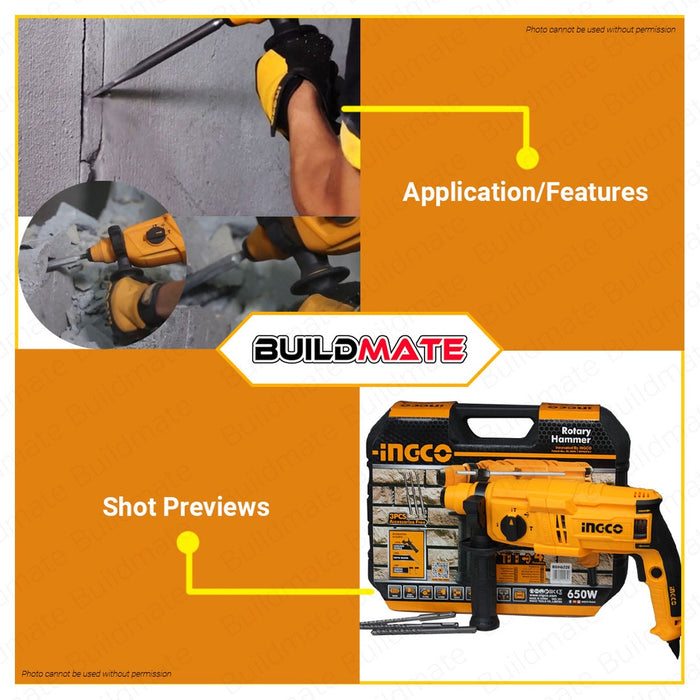 BUILDMATE Ingco Industrial Rotary Hammer Drill Heavy Duty SDS+22MM 3 Mode 650W RGH6508 | RGH6528 IPT
