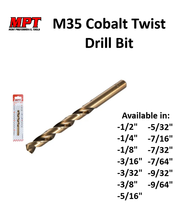 MPT 1/2" - 9/64" M35 Cobalt Twist Drill Bit ACC • MOST PROFESSIONAL TOOLS •