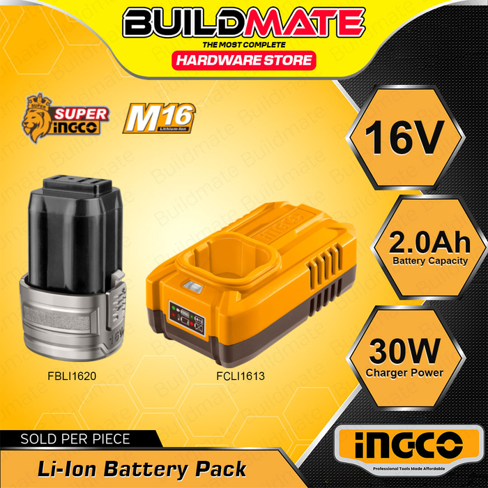 BUILDMATE Ingco 16V Rechargeable Lithium-Ion Battery Pack / 1.3A M16 Battery Charger Cordless Power Tool Accessories SOLD PER PIECE FBLI1620 (Battery)  / FCLI1613 (Charger) - ICPT
