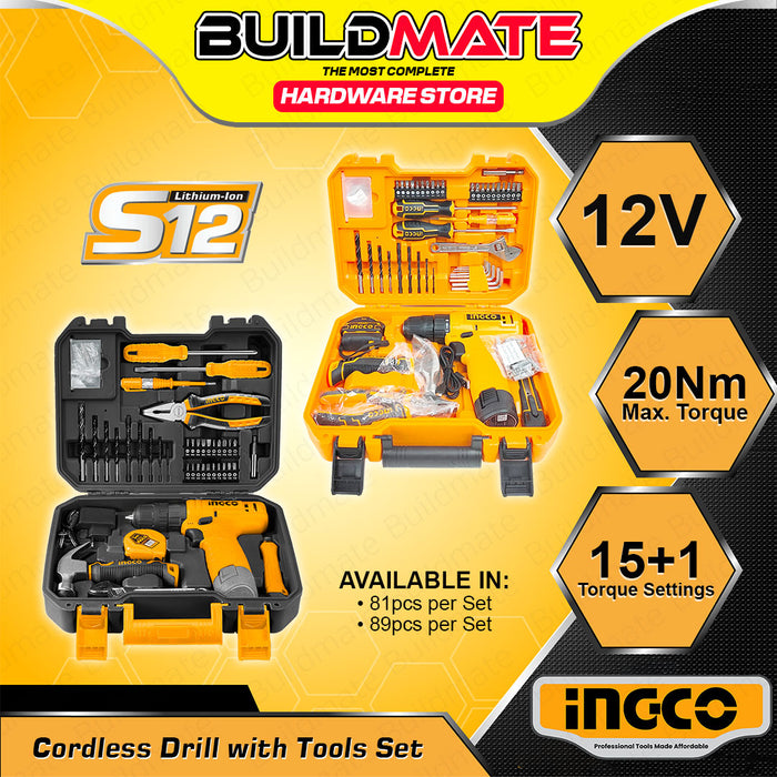 BUILDMATE Ingco Household Tools Set 81pcs / 89pcs Cordless Drill with Hand Tool Kit Combo Mechanic Home Repair Tool Set - ICPT