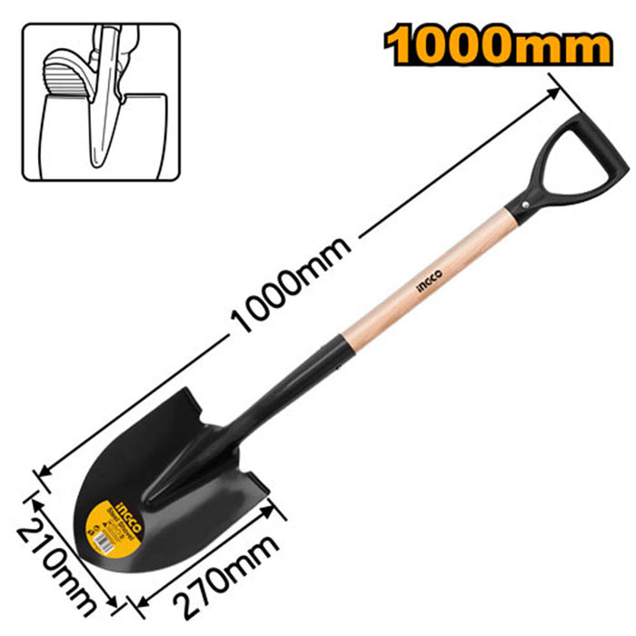 BUILDMATE Ingco 1000mm Steel Shovel with Wooden Handle Pointed Pala For Gardening and Digging HSSH1208- IHT