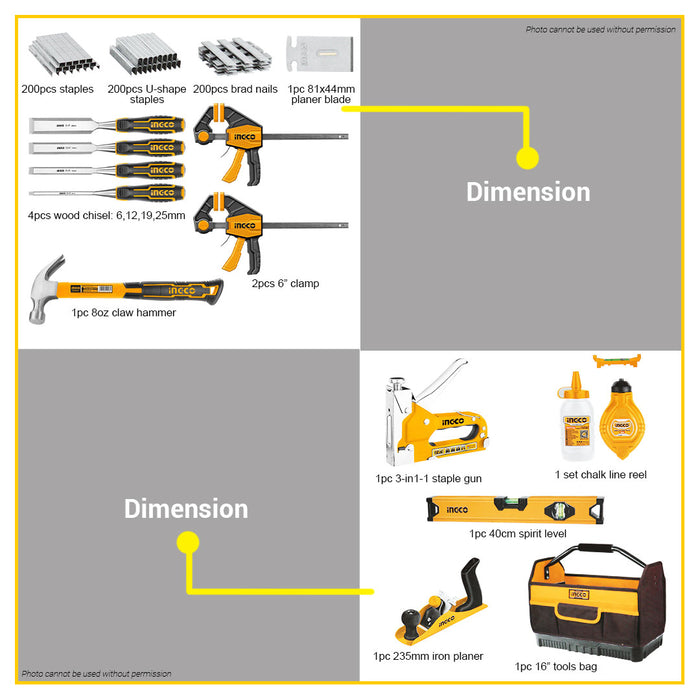 BUILDMATE Ingco Woodworking Tools Set 13PCS/SET | 32PCS/SET Hammer Planer Staple Chalk Line Clamp Level Tool Bag Organizer Storage [SOLD PER SET] HKTHP10321 | COS23046 • IPX