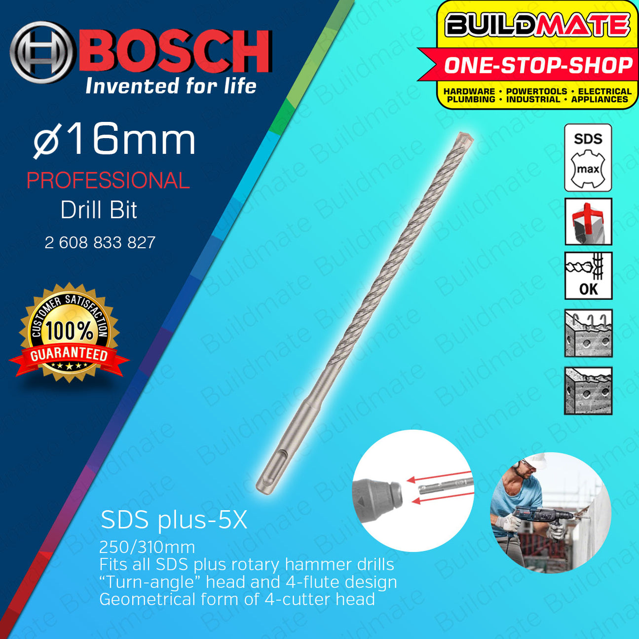 B/bit Installation BUILDMATE Bosch SDS PLUS-5X Rotary Hammer Drill Bit 13MM - 25MM for Co ...