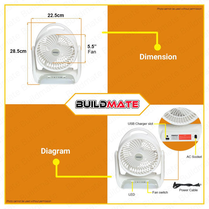 BUILDMATE Firefly Rechargeable Mini Table Fan with Built-In Dimmable Emergency Light and Brushless Motor FEL628
