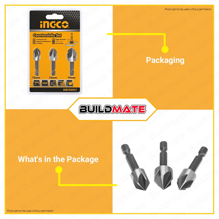 BUILDMATE Ingco 1/4" HSS Countersink Bit Set 90 Degree Center Punch Tool Sinker Drill for Metal IHT