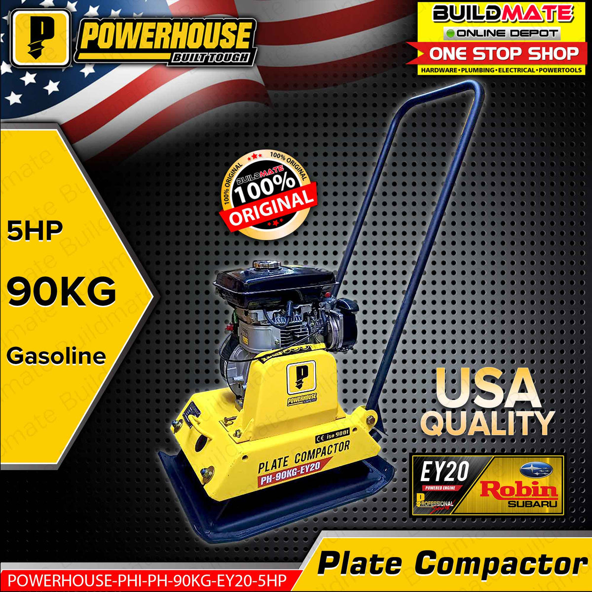 POWERHOUSE 90KG Plate Compactor with Original ROBIN EY20 Gasoline 5HP ...