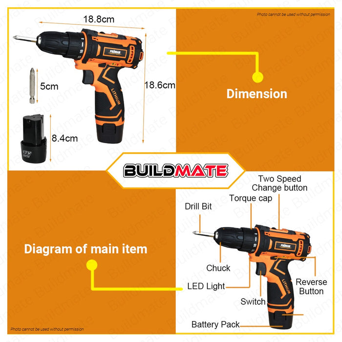 [SUPER SALE] PROMAN Cordless Drill 12V Drilling Screwdriver PT-CD12V1B +FREE ECO BAG •BUILDMATE•